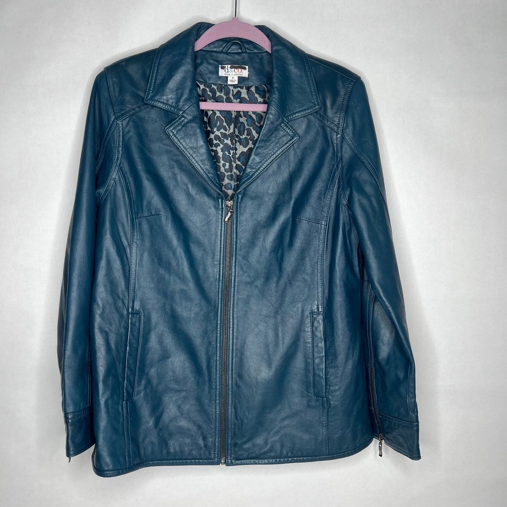D & Co. Denim & Company Blue Genuine Leather Jacket Womens Medium Leopard Zip‎